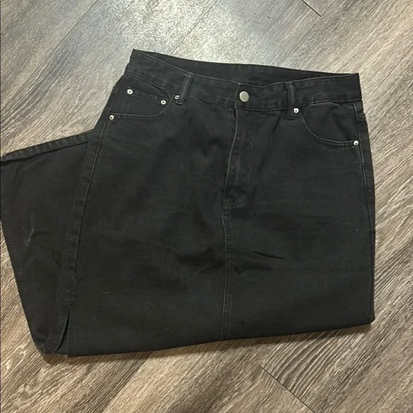 High Waisted Black Denim Maxi Pencil Skirt with Slit - Picture 4 of 6